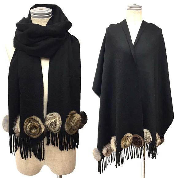 FENDI Cashmere Fur Stole Shawl Muffler Large Black Rabbit Lapin Camelia Ladie... - Picture 2 of 3